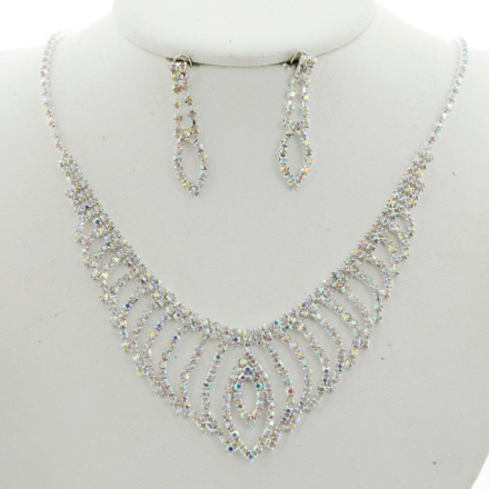 Silver Tone Clear AB Rhinestone Statement Necklace & Earring Set